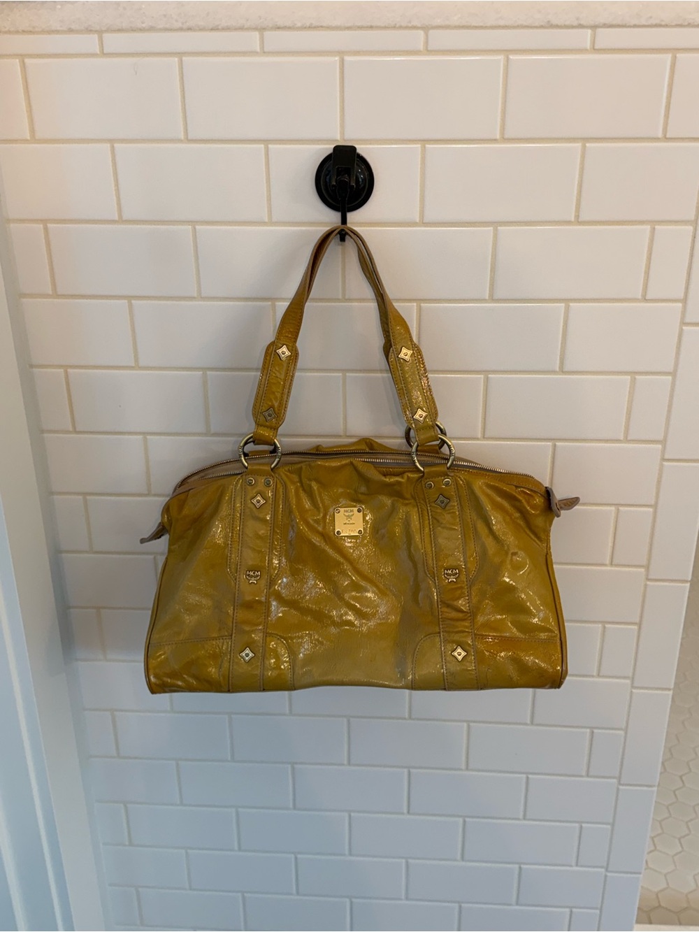 MCM Mustard Yellow Leather Tote Bag with Shoulder Straps